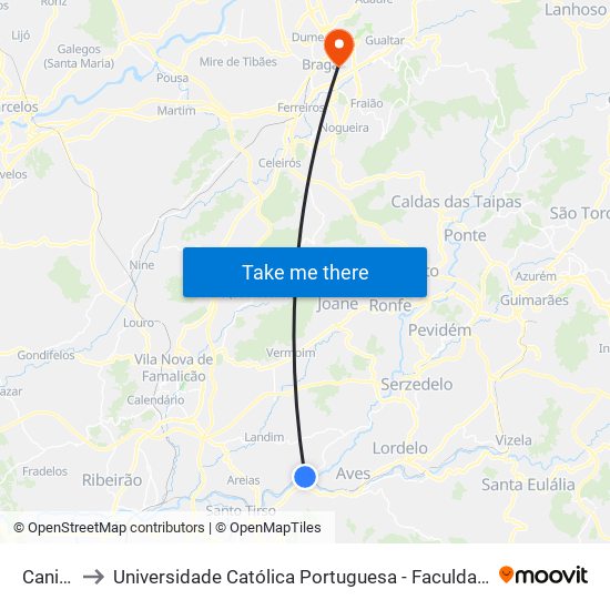 Caniços to Universidade Católica Portuguesa - Faculdade de Teologia map