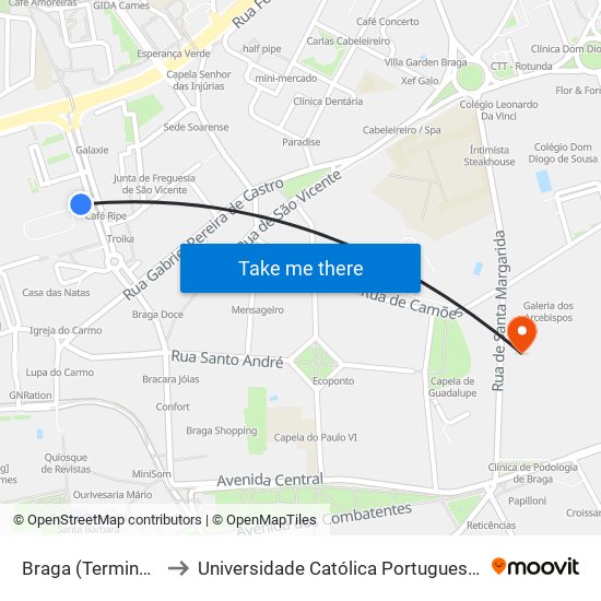 Braga (Terminal Rodoviário) to Universidade Católica Portuguesa - Faculdade de Teologia map