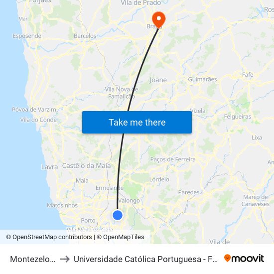 Montezelo Cruz.to to Universidade Católica Portuguesa - Faculdade de Teologia map