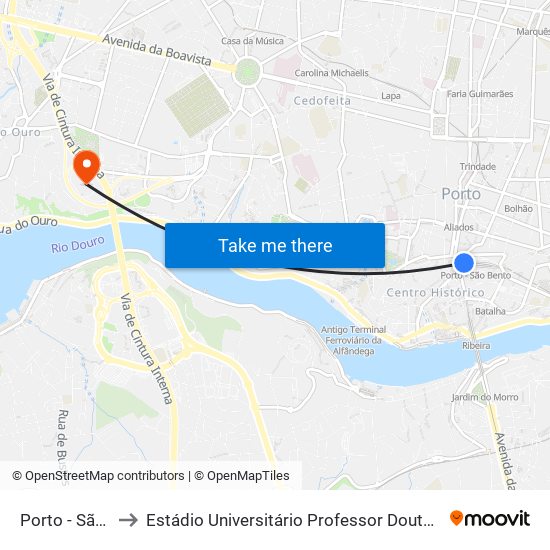 Porto - São Bento to Estádio Universitário Professor Doutor Jayme Rios Souza map