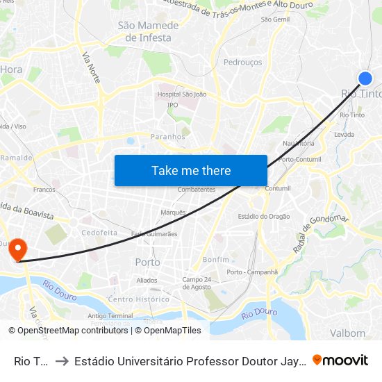 Rio Tinto to Estádio Universitário Professor Doutor Jayme Rios Souza map