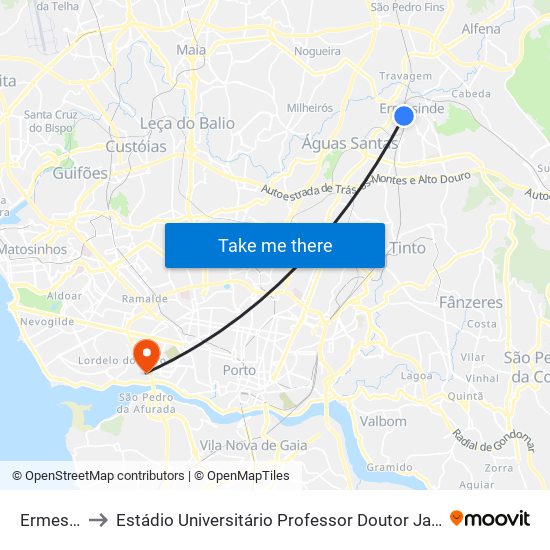 Ermesinde to Estádio Universitário Professor Doutor Jayme Rios Souza map