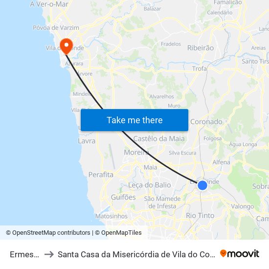 Ermesinde to Santa Casa da Misericórdia de Vila do Conde-Edifício 2 map