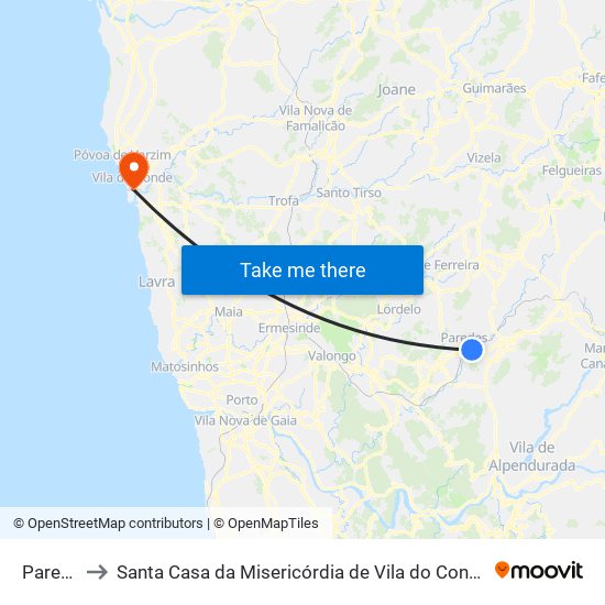 Paredes to Santa Casa da Misericórdia de Vila do Conde-Edifício 2 map