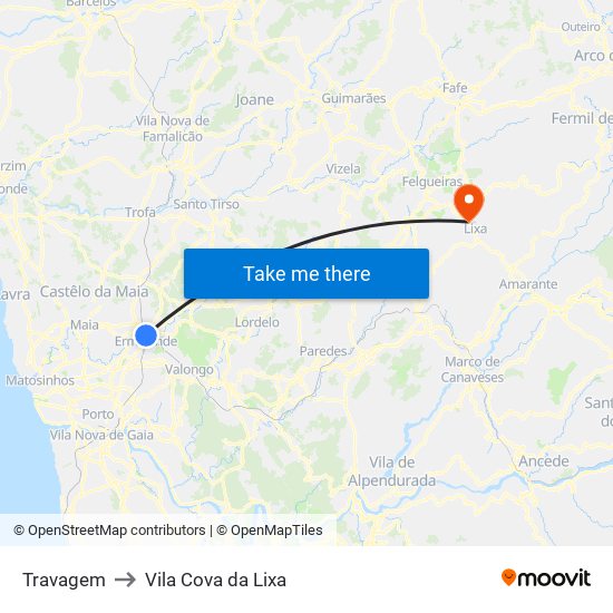 Travagem to Vila Cova da Lixa map