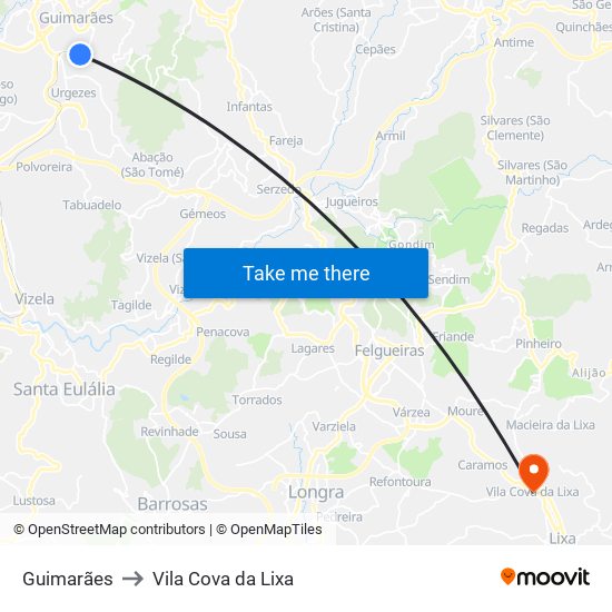 Guimarães to Vila Cova da Lixa map