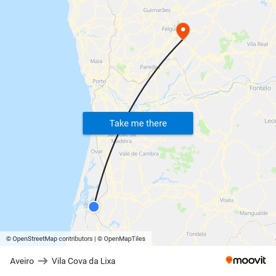 Aveiro to Vila Cova da Lixa map