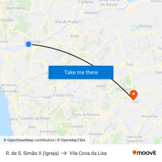 R. de S. Simão II (Igreja) to Vila Cova da Lixa map