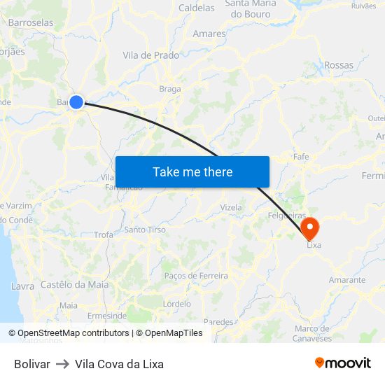 Bolivar to Vila Cova da Lixa map