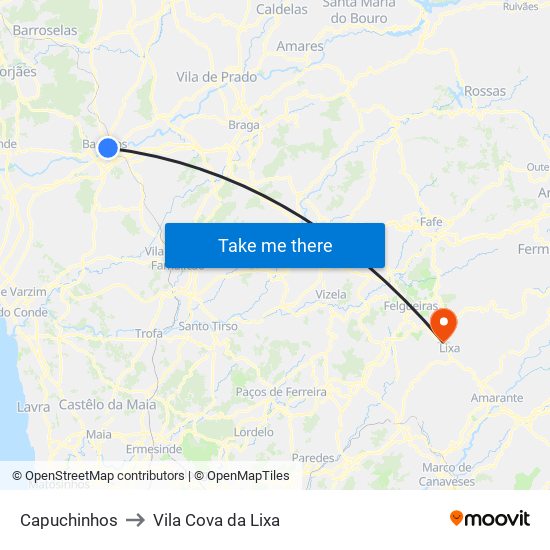 Capuchinhos to Vila Cova da Lixa map