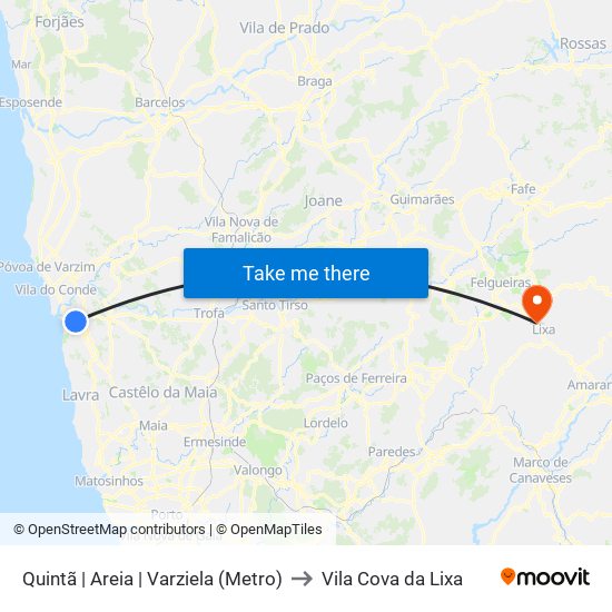 Quintã | Areia | Varziela (Metro) to Vila Cova da Lixa map