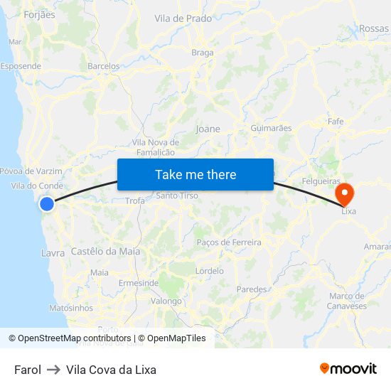 Farol to Vila Cova da Lixa map