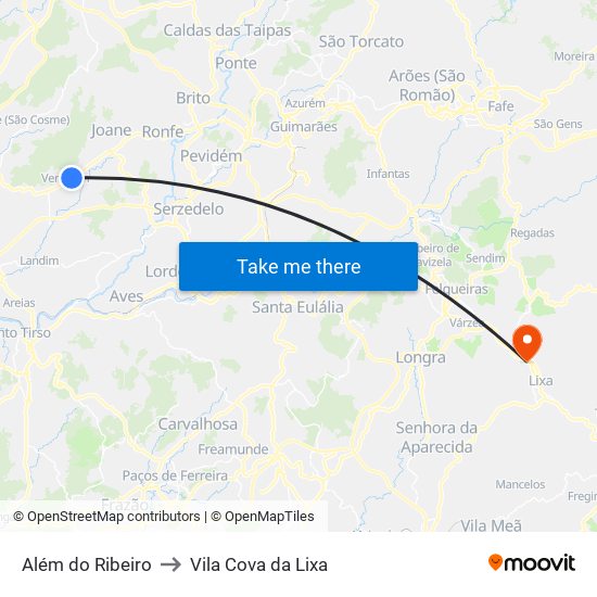 Além do Ribeiro to Vila Cova da Lixa map