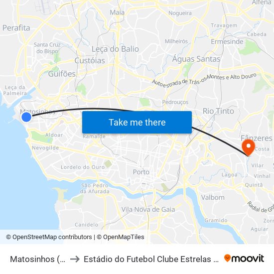 Matosinhos (Praia) to Estádio do Futebol Clube Estrelas de Fânzeres map