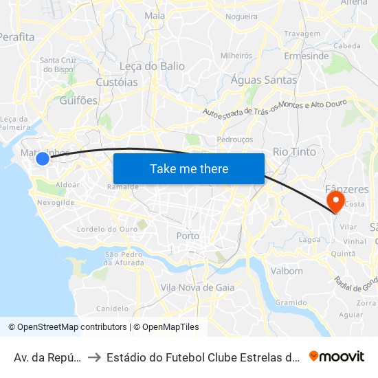 Av. da República to Estádio do Futebol Clube Estrelas de Fânzeres map