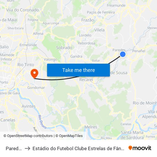 Paredes to Estádio do Futebol Clube Estrelas de Fânzeres map