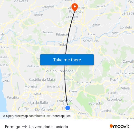 Formiga to Universidade Lusíada map