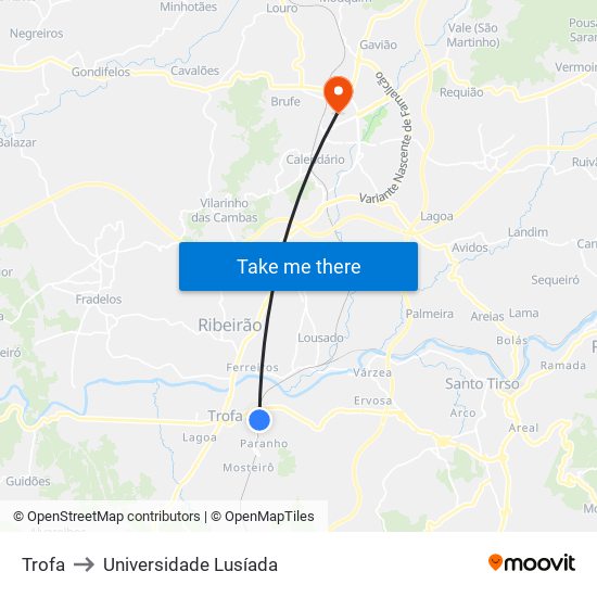 Trofa to Universidade Lusíada map