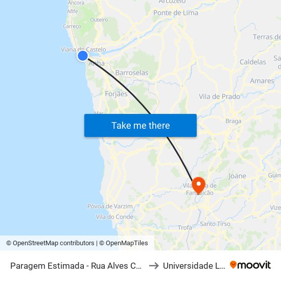 Paragem Estimada - Rua Alves Cerqueira, 500 to Universidade Lusíada map
