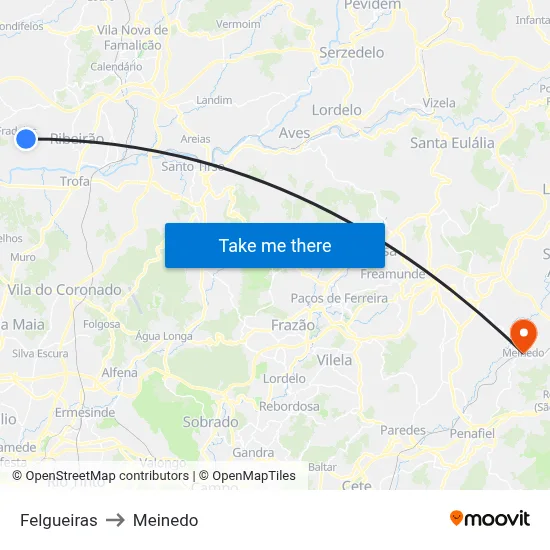 Felgueiras to Meinedo map