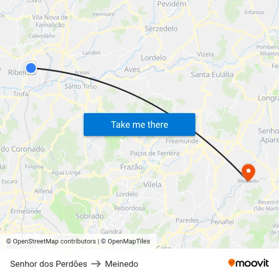 Senhor dos Perdões to Meinedo map
