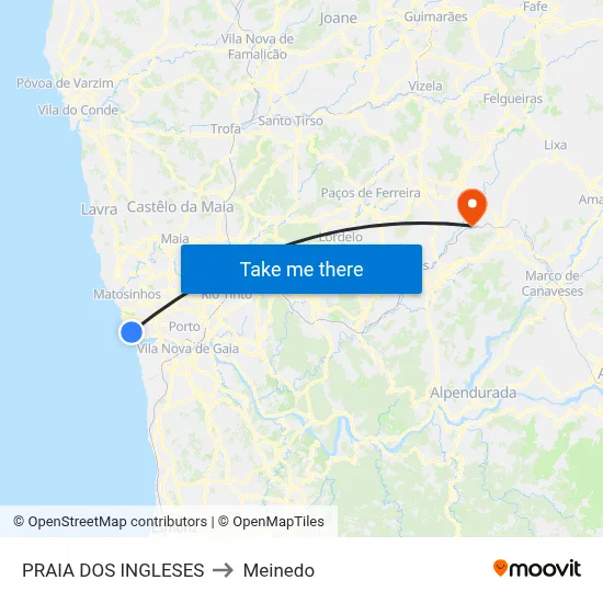 PRAIA DOS INGLESES to Meinedo map