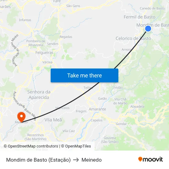 Mondim de Basto (Estação) to Meinedo map