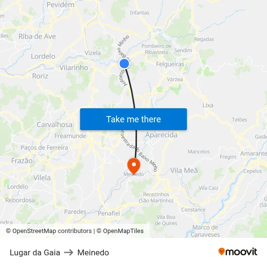 Lugar da Gaia to Meinedo map
