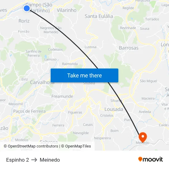 Espinho 2 to Meinedo map