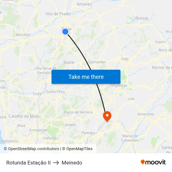 Rotunda Estação II to Meinedo map