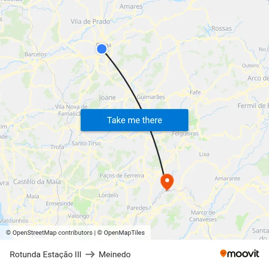 Rotunda Estação III to Meinedo map