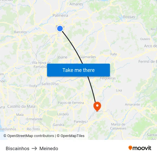 Biscainhos to Meinedo map