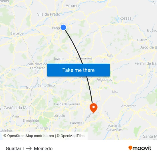 Gualtar I to Meinedo map