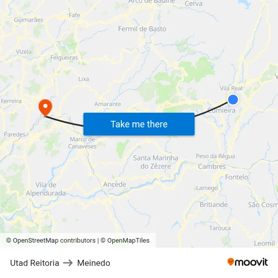 Utad Reitoria to Meinedo map