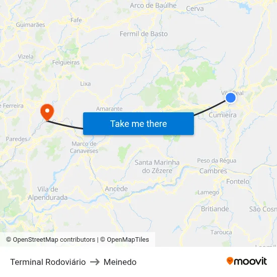 Terminal Rodoviário to Meinedo map