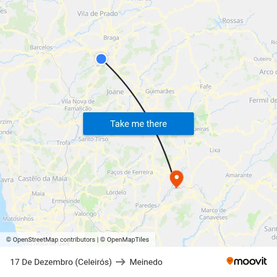 17 De Dezembro (Celeirós) to Meinedo map
