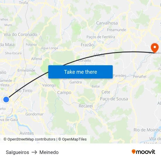 Salgueiros to Meinedo map