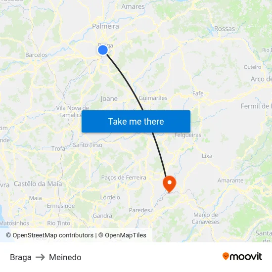 Braga to Meinedo map
