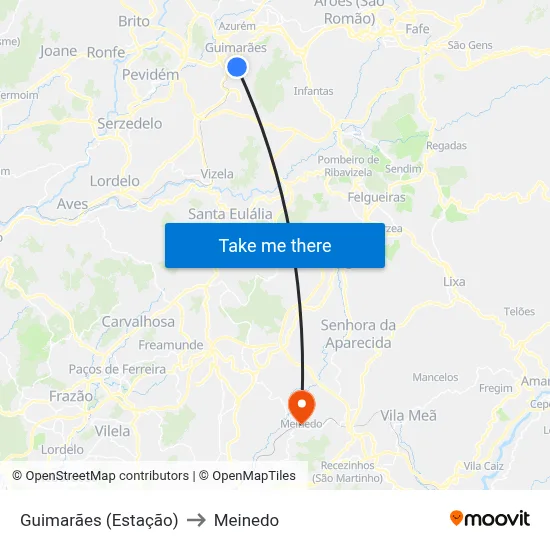 Guimarães (Estação) to Meinedo map