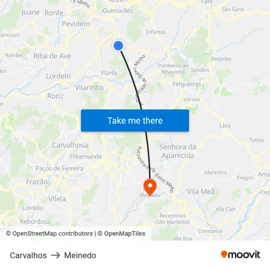 Carvalhos to Meinedo map