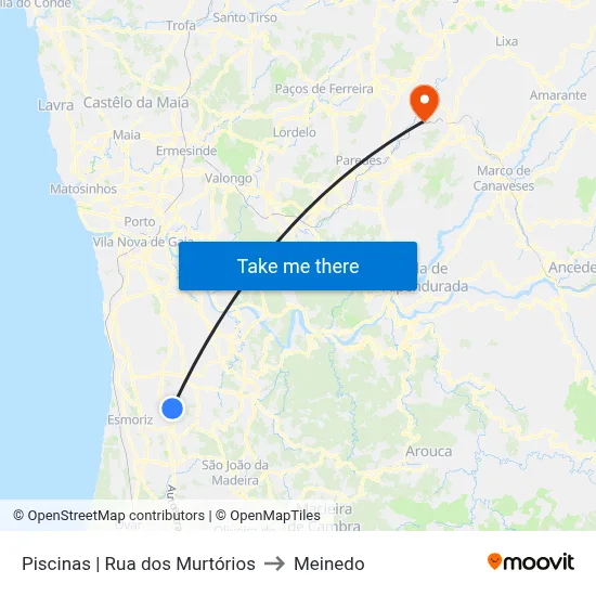 Piscinas |  Rua dos Murtórios to Meinedo map