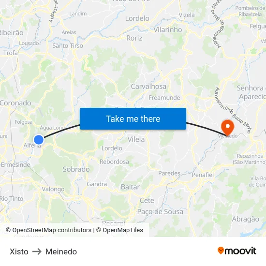 Xisto to Meinedo map