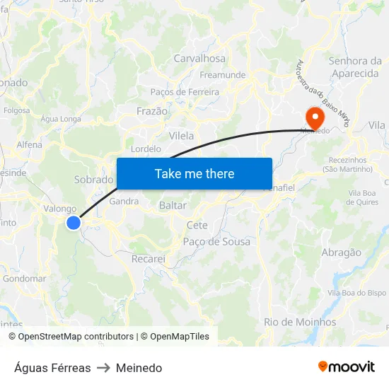 Águas Férreas to Meinedo map