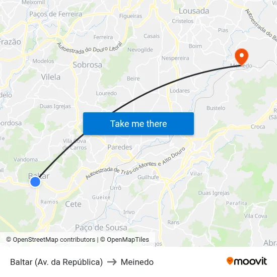 Baltar (Av. da República) to Meinedo map