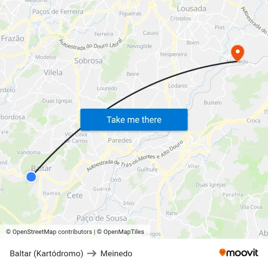 Baltar (Kartódromo) to Meinedo map