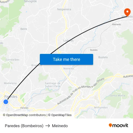 Paredes (Bombeiros) to Meinedo map