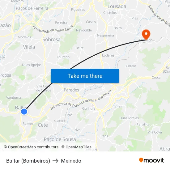 Baltar (Bombeiros) to Meinedo map