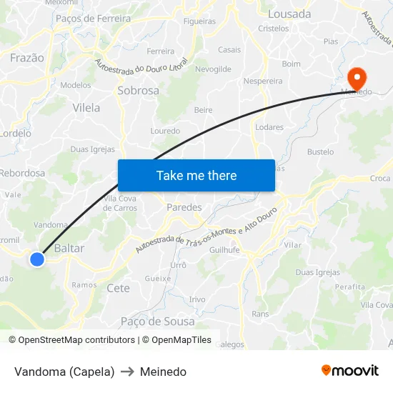 Vandoma (Capela) to Meinedo map