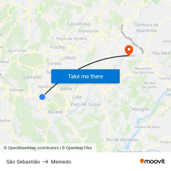 São Sebastião to Meinedo map