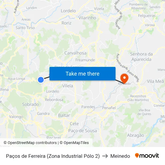 Paços de Ferreira (Zona Industrial Pólo 2) to Meinedo map